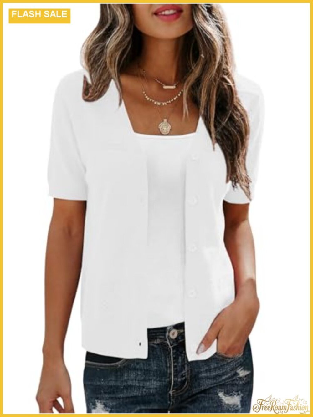Women's Short Sleeve Crochet Cardigan Sweater with Buttons V-Neck Lightweight